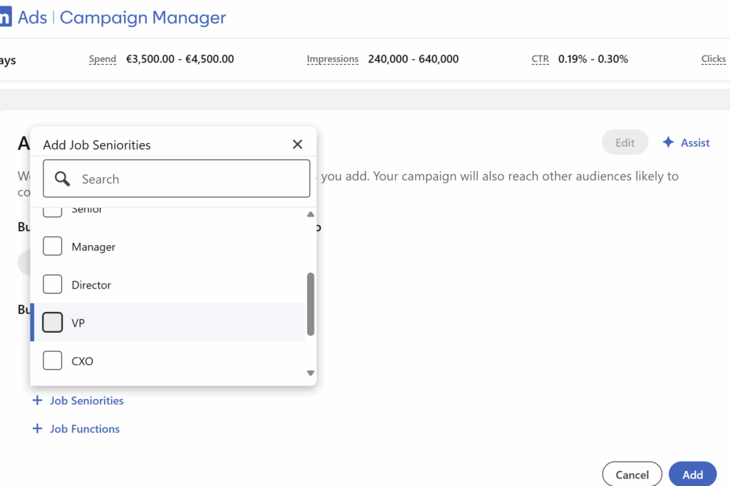 Auswahlfenster im LinkedIn-Campaign Manager mit hochrangiggen Positionen