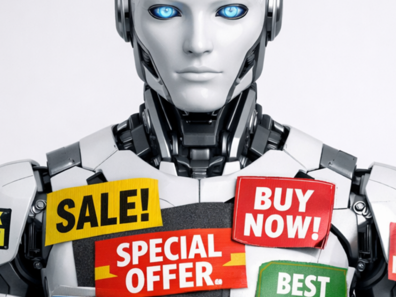 Ein Roboter sinnbildlich für KI mit Werbeanzeigen