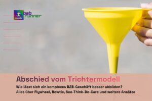 Darstellung eines Trichters. Text: Abschied vom Trichtermodell. Wie lässt sich ein komplexes B2B-Geschäft besser abbilden? Alles über Flywheel, Bowtie, See-think-do-care, und weitere Ansätze