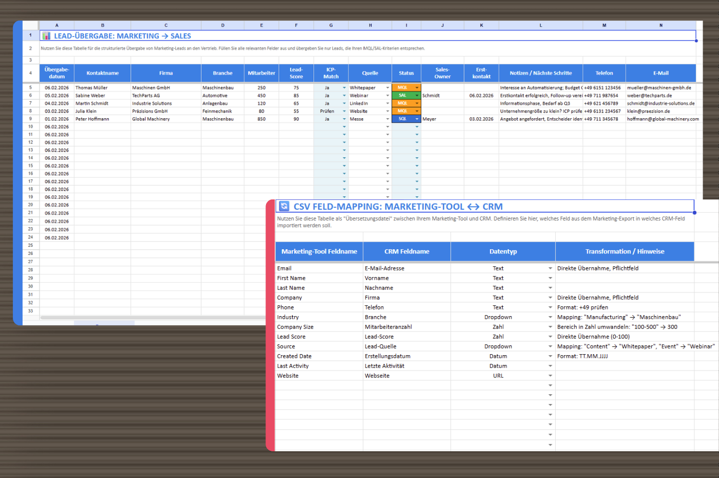 Screenshots für mögliche Übergabedateien für Leads in Google Sheets