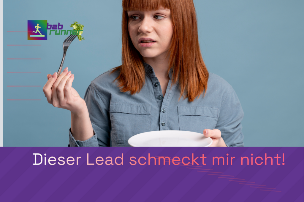 Bild von Frau mit Gabel und grünem Essen, das nicht lecker aussieht. Aussage: Dieser Lead schmeckt mir nicht