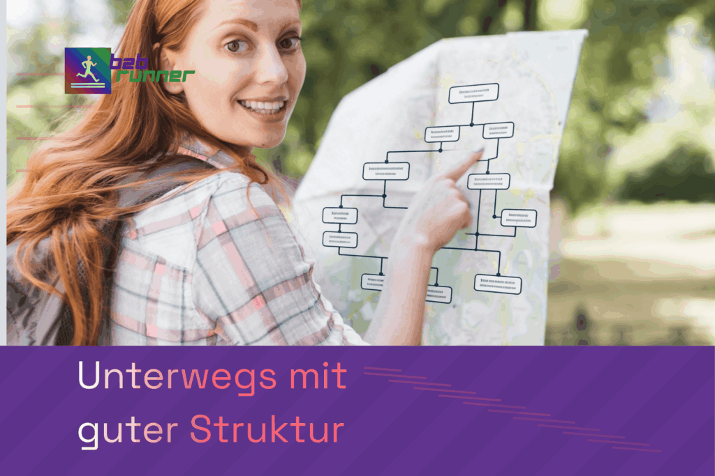 Eine Wanderin mit Landkarte in Form eines Flowcharts